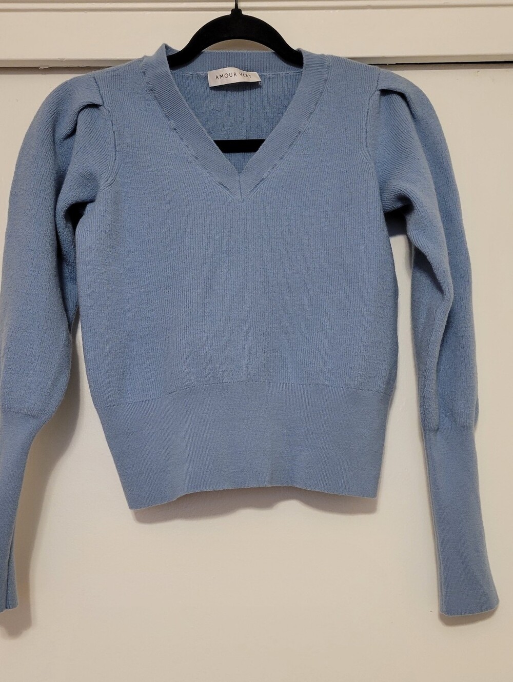 Amour Vert Pierra Sweater Blue Puff Sleeve V Neck Button Cuff Knit Top
